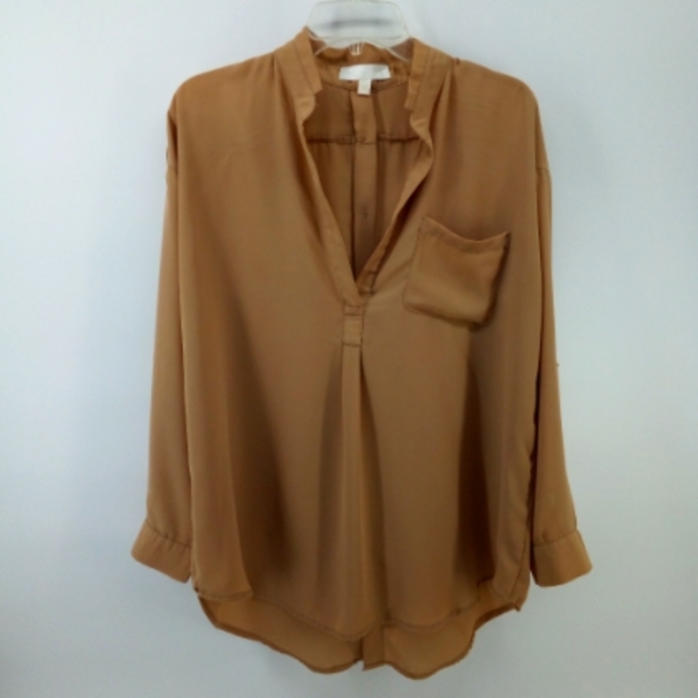 Lumiere Lightweight Mustard-Brown V-Neck Blouse